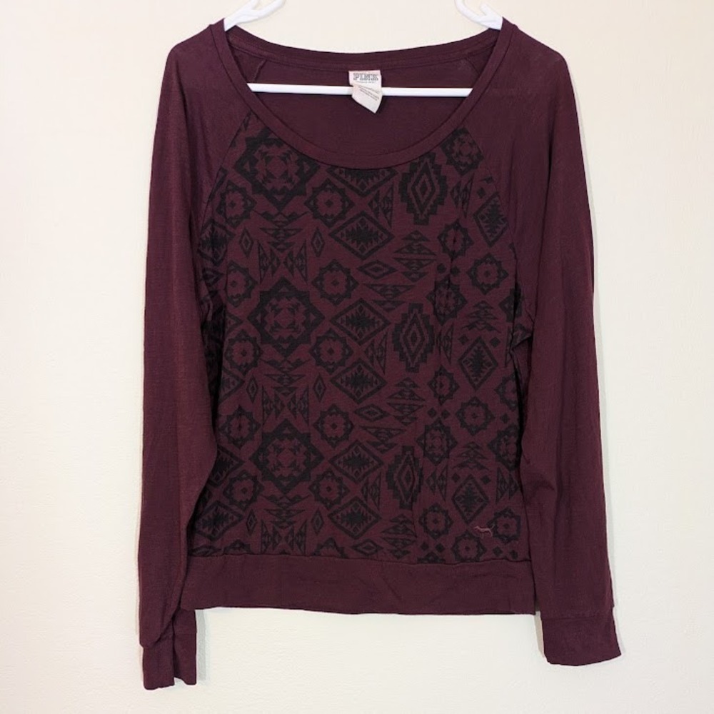 PINK Victoria's Secret‎ Geometric Burgundy LS T-shirt Aztec Tribal Print Medium
